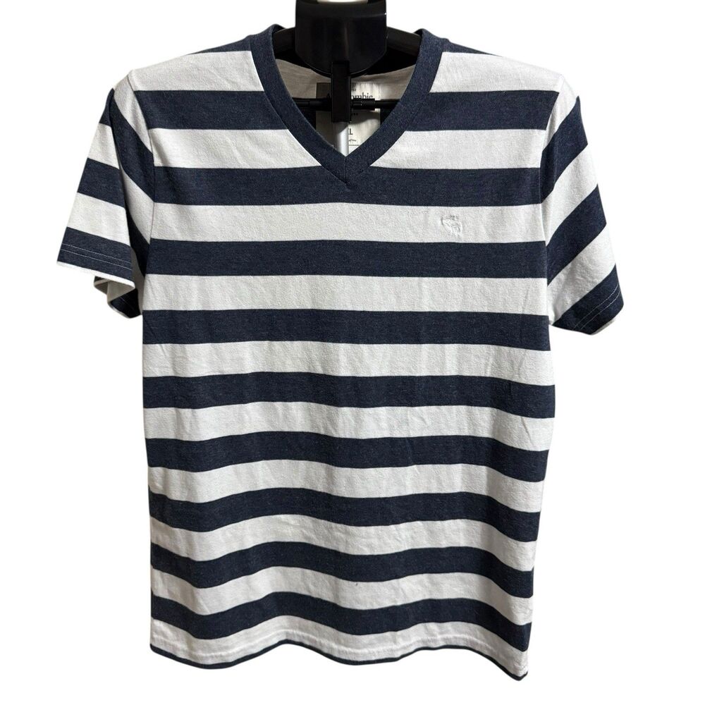 Abercrombie & Fitch Shirt Mens XL Blue White Striped Moose Logo Muscle Crew Y2K - Picture 1 of 8